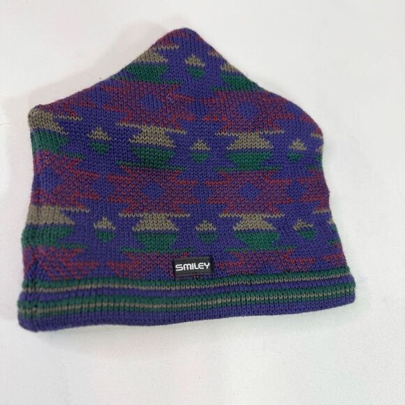 VTG Smiley Hat One Size Wool Knit Ski Purple Green Aztec Made in USA - Picture 1 of 6